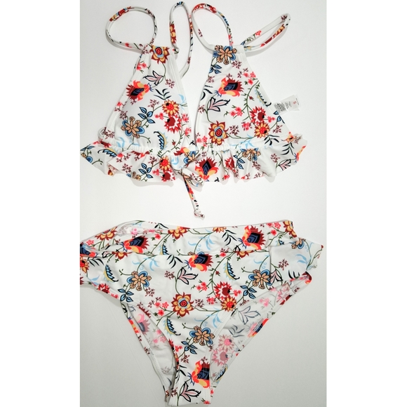 White Floral Print Ruffles High-waisted Bikini Set - Picture 4 of 5